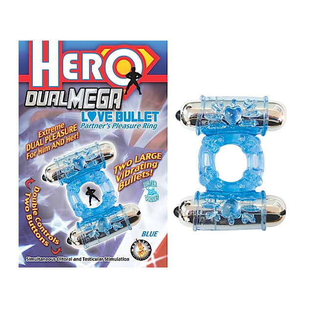 Hero Dual Mega Love Bullet Cockring (Blue)
