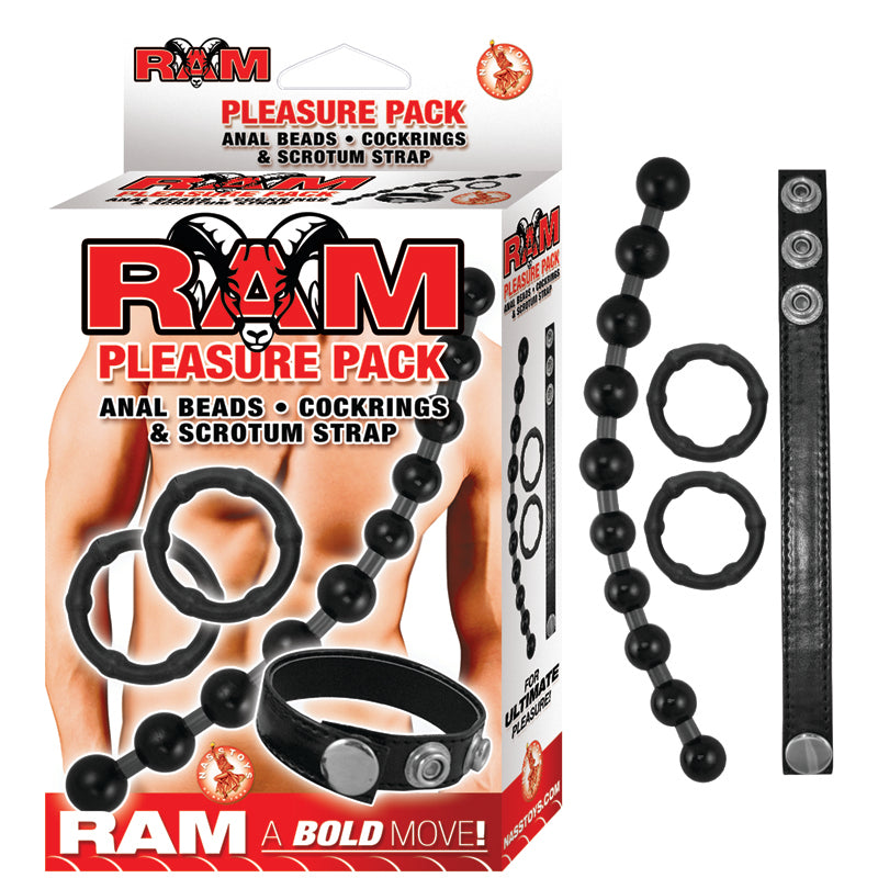 Ram Pleasure Pack Anal Beads, Cockrings & Scrotum Strap (Black)
