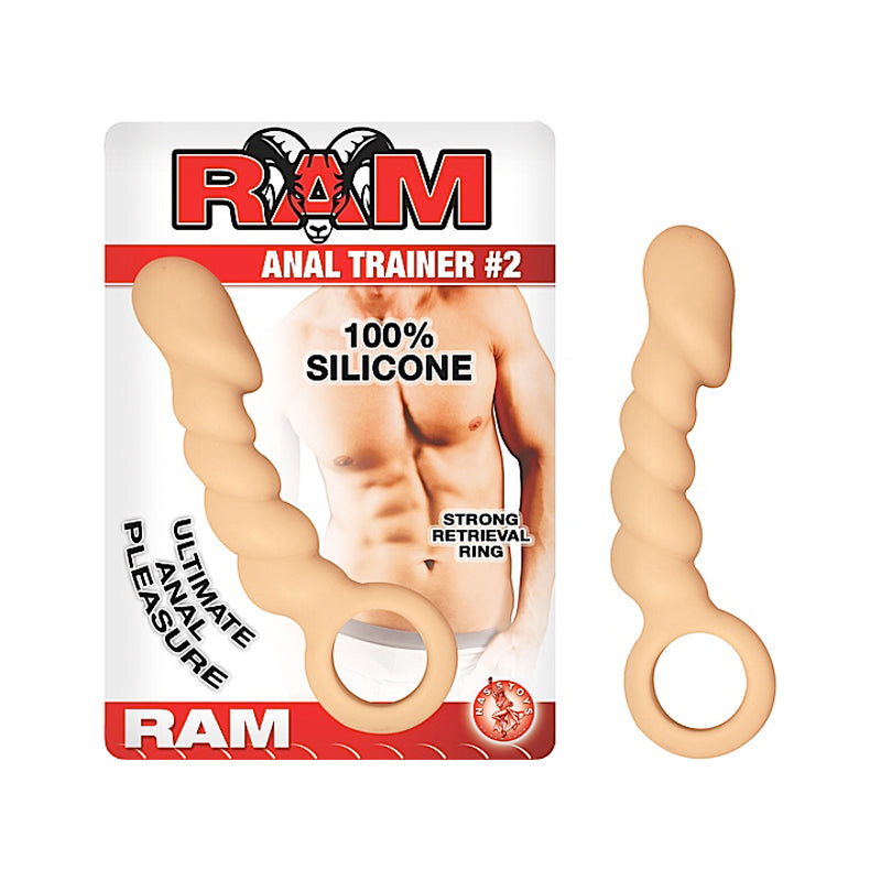 Ram Anal Trainer #2 4in. Silicone Twisted Anal Plug With Head & Retrieval Ring (White)