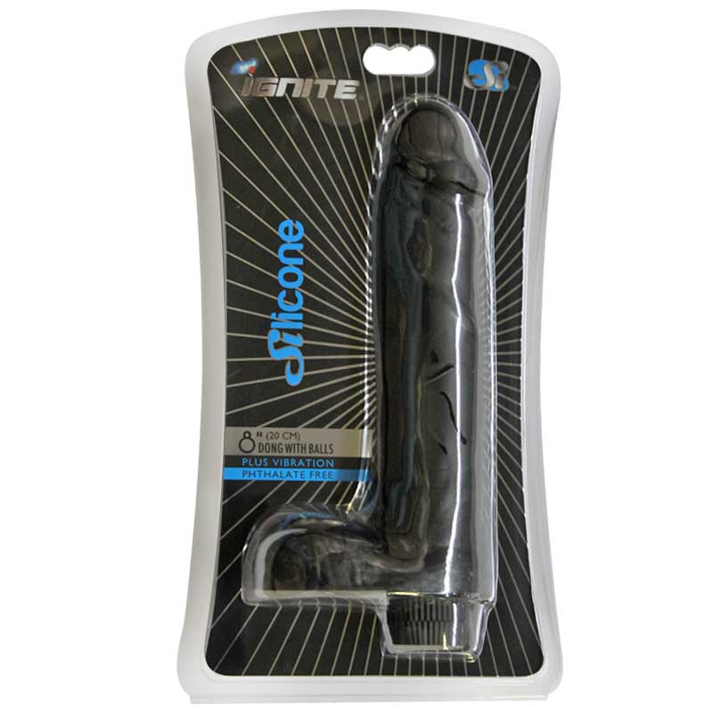 SI 8in Vibrating Silicone Dong w/Balls Black