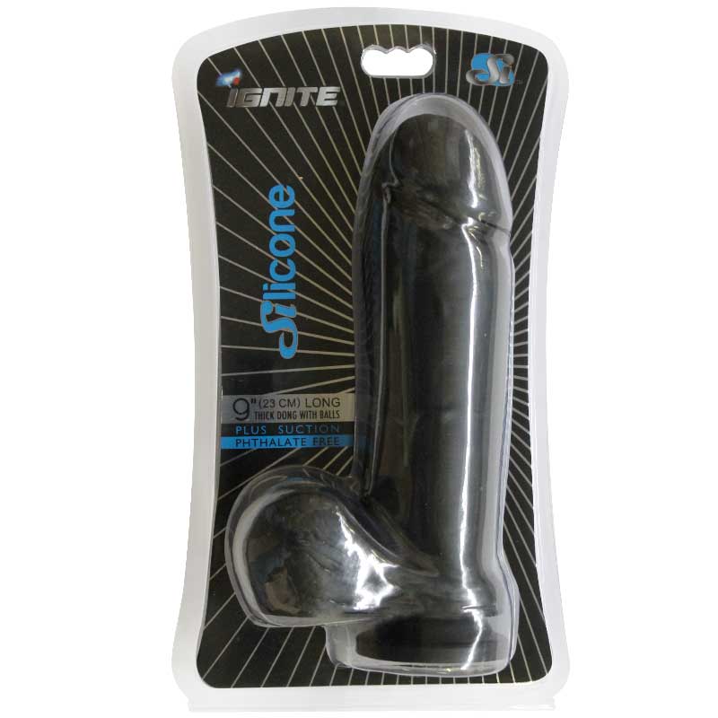 SI 9in Thick Silicone Dong w/Balls & Suction Cup Black