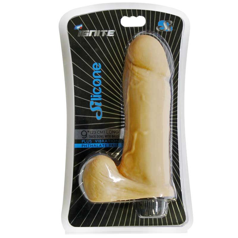 SI 9in Thick Vibrating Silicone Dong w/Balls Flesh