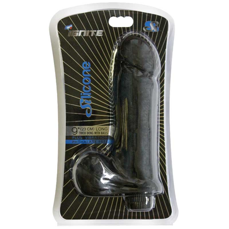 SI 9in Thick Vibrating Silicone Dong w/Balls Black