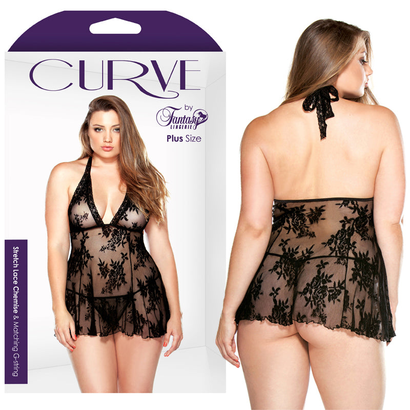 Curve Stretch Lace Chemise & Matching G-String Black 1X/2X