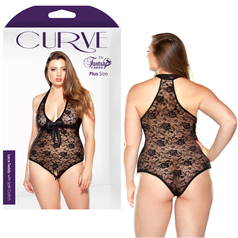Curve Lace Teddy With Split Crotch Black 1X/2X