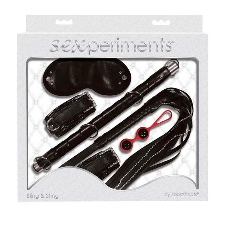 Sexperiments Bling and Sting - Bling Blindfold, Bling Cuffs, Crystal Whip, Spreader Bar, Glass Ben Wa Balls (Kegel Balls)