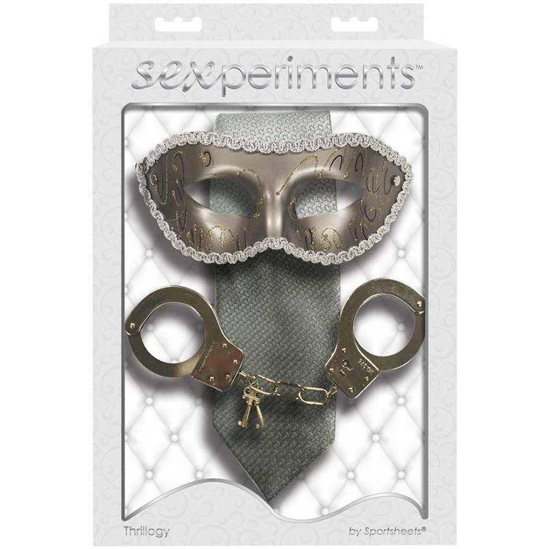 Sexperiments Thrillogy - The Grey Tie, Masquerade Mask, Metal Handcuffs with keys