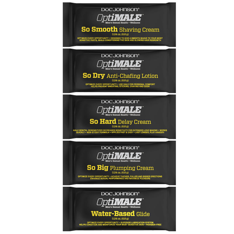 OptiMale - Bulk Pillow Paks - Assorted .24oz (120 Pieces) So Hard Delay Cream, Water Based, So Dry Anti-Chafing Lotion, So Big Plumping Cream, So Smooth Shaving Cream