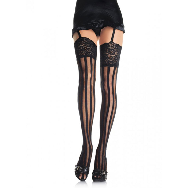 Stripe Thigh Hi w/Lace Top O/S Black
