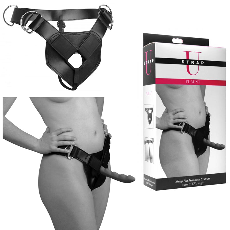 Strap U Flaunt Strap On Harness System W/3 O Rings (Black)