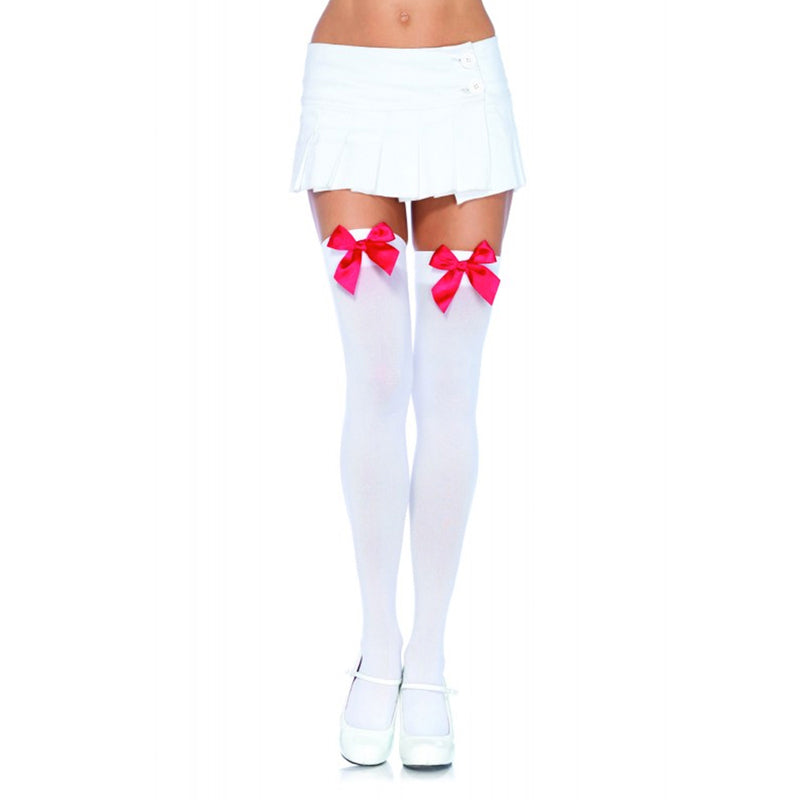 Nylon Over The Knee w/Bow O/S White/Red