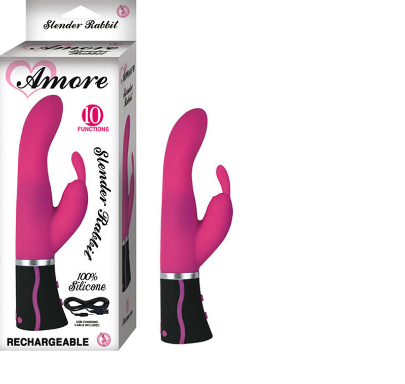 Amore Silicone Slender 4.5in. Rechargeable Silicone Rabbit Multispeed Dual Motor Waterproof Clit & G Spot Stimulating Vibe (Pink)