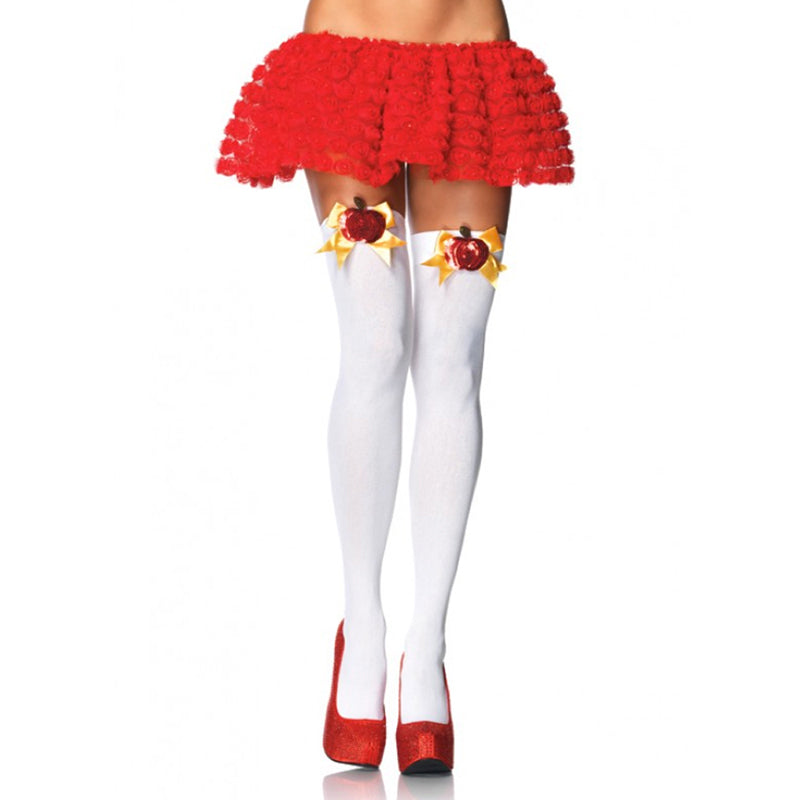Opaque Thigh Highs W/Sequin Poison Apple Bow Top Accent O/S White