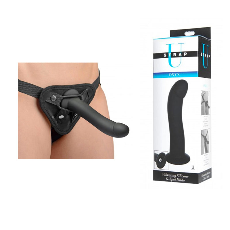 Strap U Onyx Silicone Vibrating G Spot Strap On Dildo (Black)