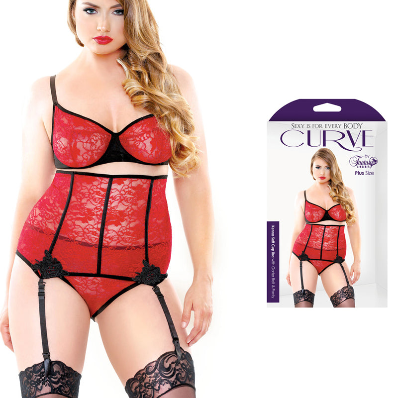 Curve Kenna Soft Cup Bra, Garter Belt, & Panty Red 3X/4X