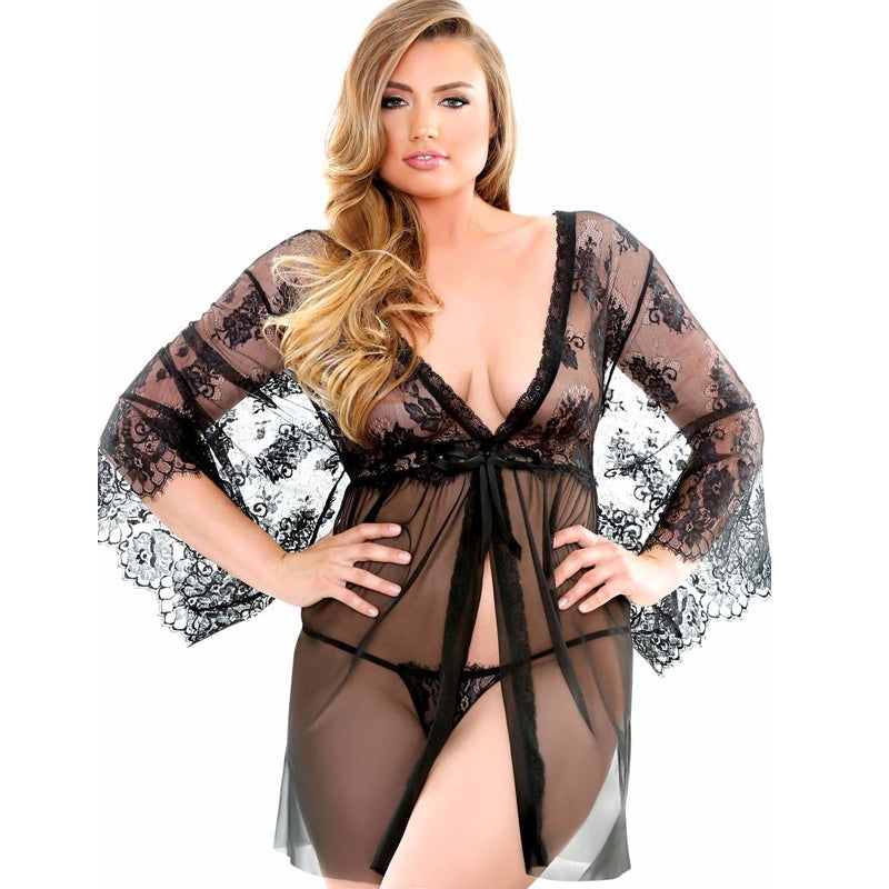 Curve Courtney Lace Robe & G-String Black 1X/2X