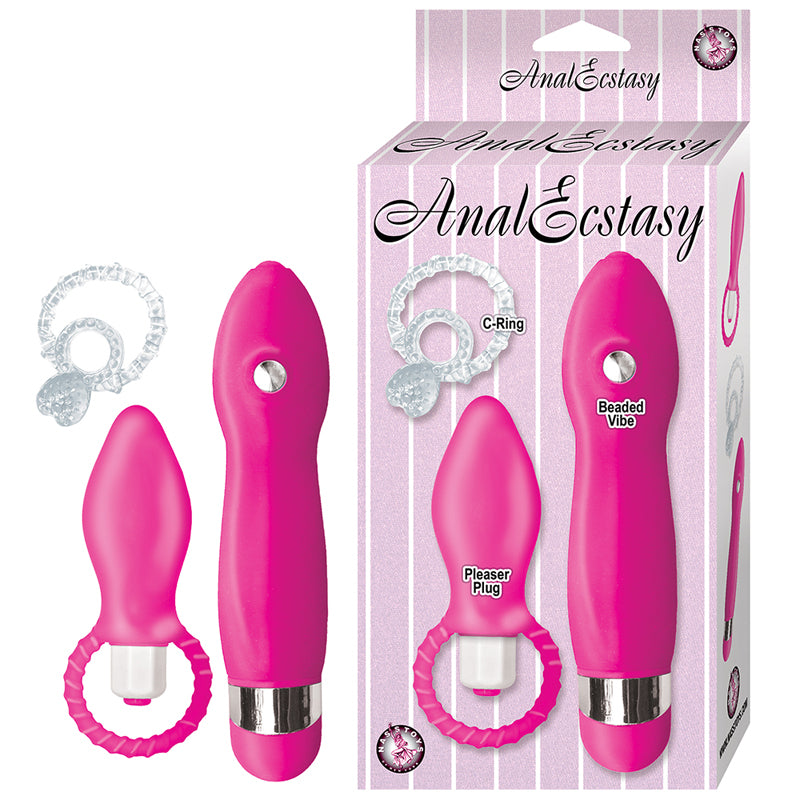 Anal Ecstasy Kit Includes 3 Function Beaded Vibe Multispeed Waterproof Removeable Bullet With Silicone Plug Cockring (Clear & Pink)