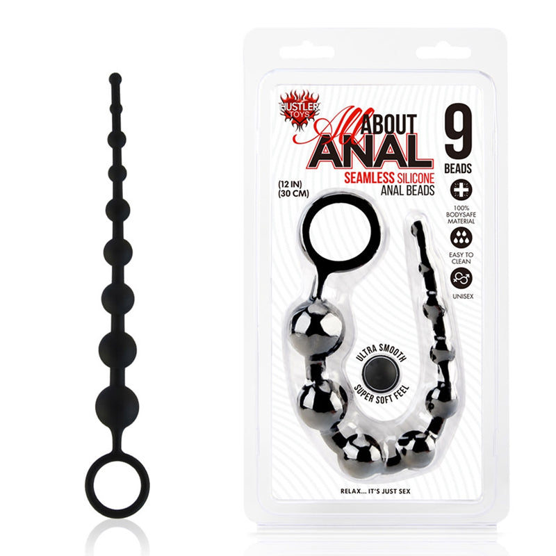 Hustler All About Anal 12 in. Seamless Silicone Anal Beads 9 Beads Black