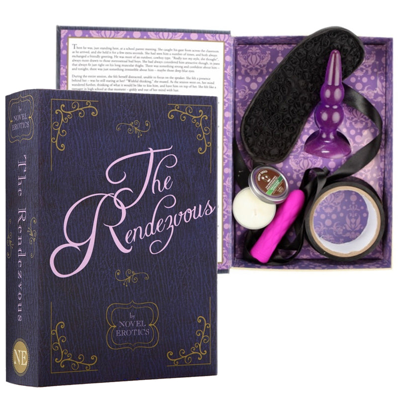 Novel Erotics Rendezvous Black Satin Blindfold Black Bondage Tape Massage Candle 10 Speed Silicone Waterproof Bullet Anal Plug 4 Lube Pillow Packs Waterbased