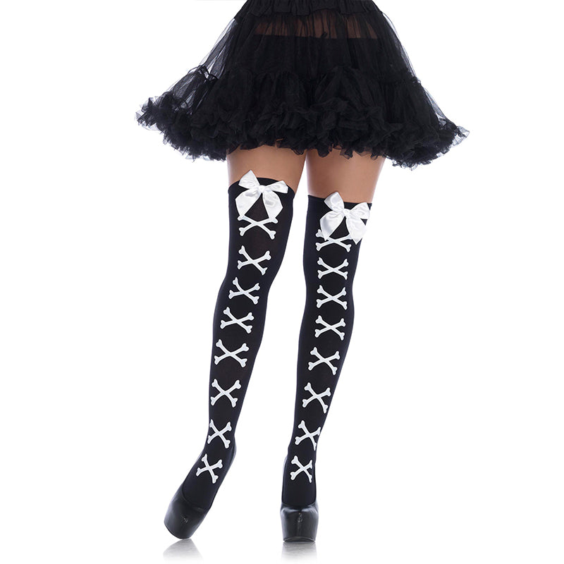 Crossbone Print Opaque Bow Top Thigh Highs O/S Black/White
