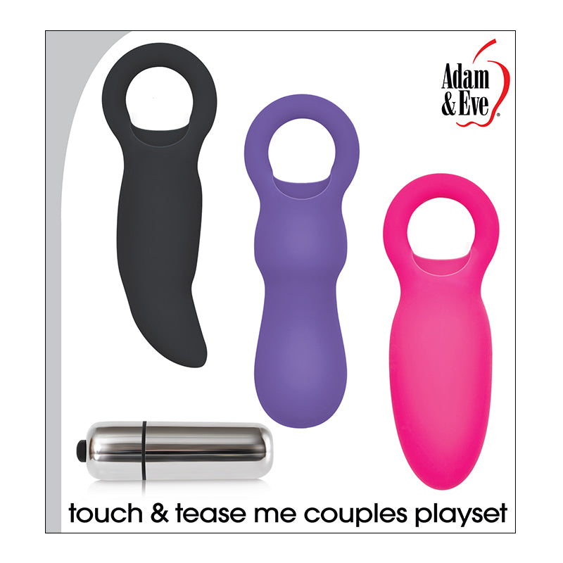 Adam & Eve Touch & Tease Me Couples Playset Cockring, 3 Vibe Sleeves, Vibe, Bullet, Butt Plug, Prostate Toy, Penis Sleeve