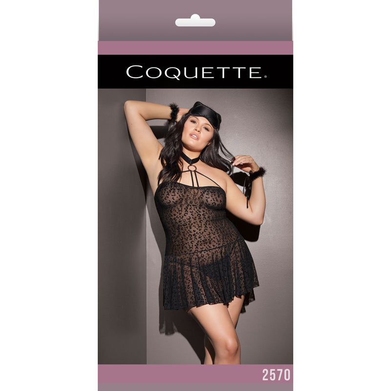 Kitty Leopard Mesh Halter Babydoll W/ Cuffs & Eye Mask XL Packaging Box