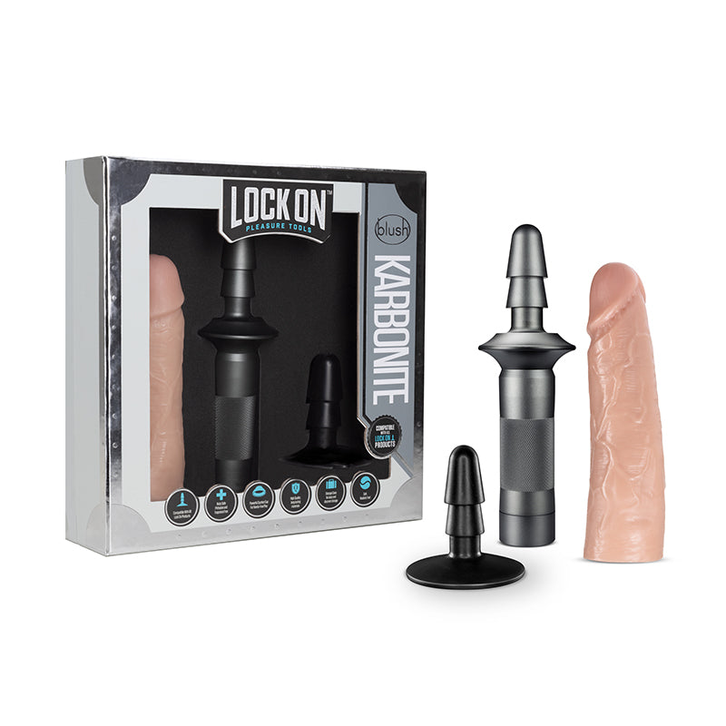 Blush Lock On Karbonite Realistic 7.75 in. Dildo with Handle & Suction Cup Adapter 3-Piece Kit Beige