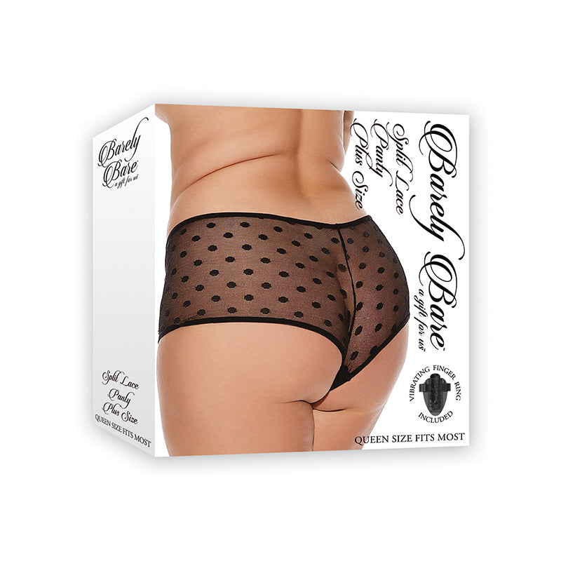 Barely Bare Split Lace Panty With Vibrating Finger Ring Black Queen Size