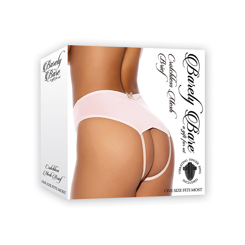 Barely Bare Crotchless Mesh Brief With Vibrating Finger Ring Peach O/S