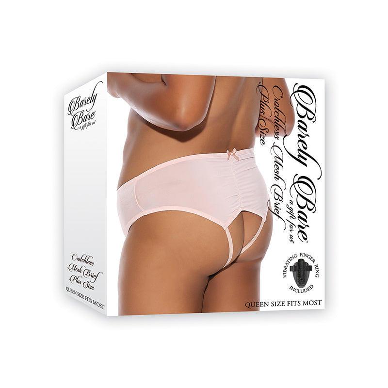 Barely Bare Crotchless Mesh Brief With Vibrating Finger Ring Peach Queen Size