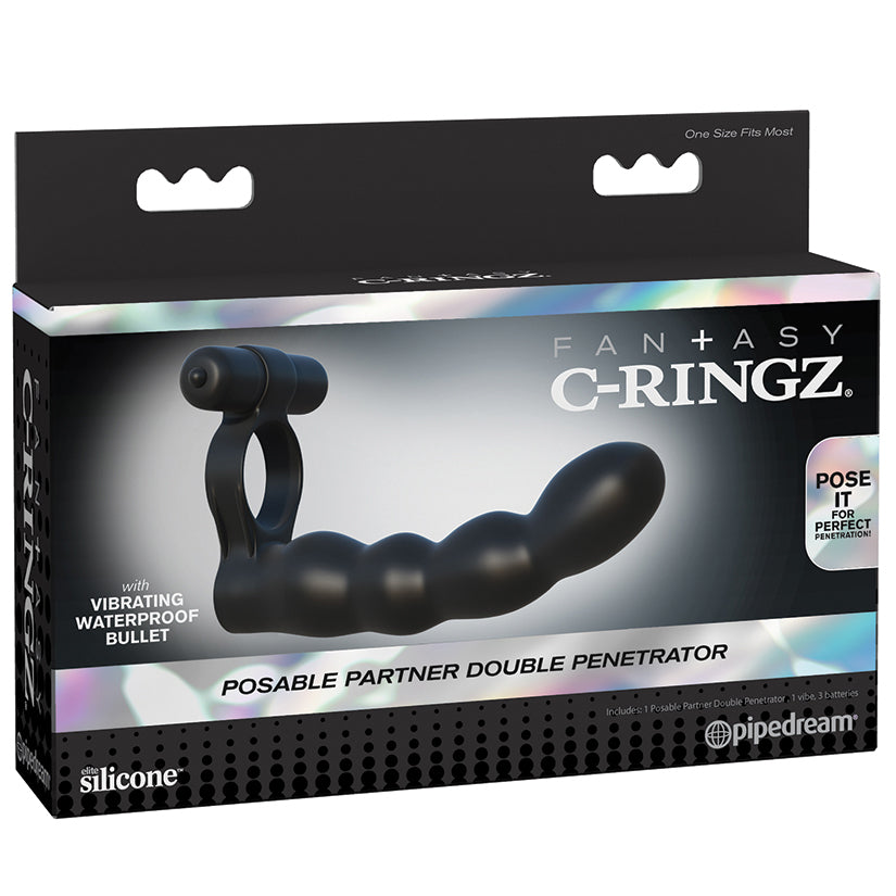 Pipedream Fantasy C-Ringz Posable Partner Double Penetrator Vibrating Cockring Black