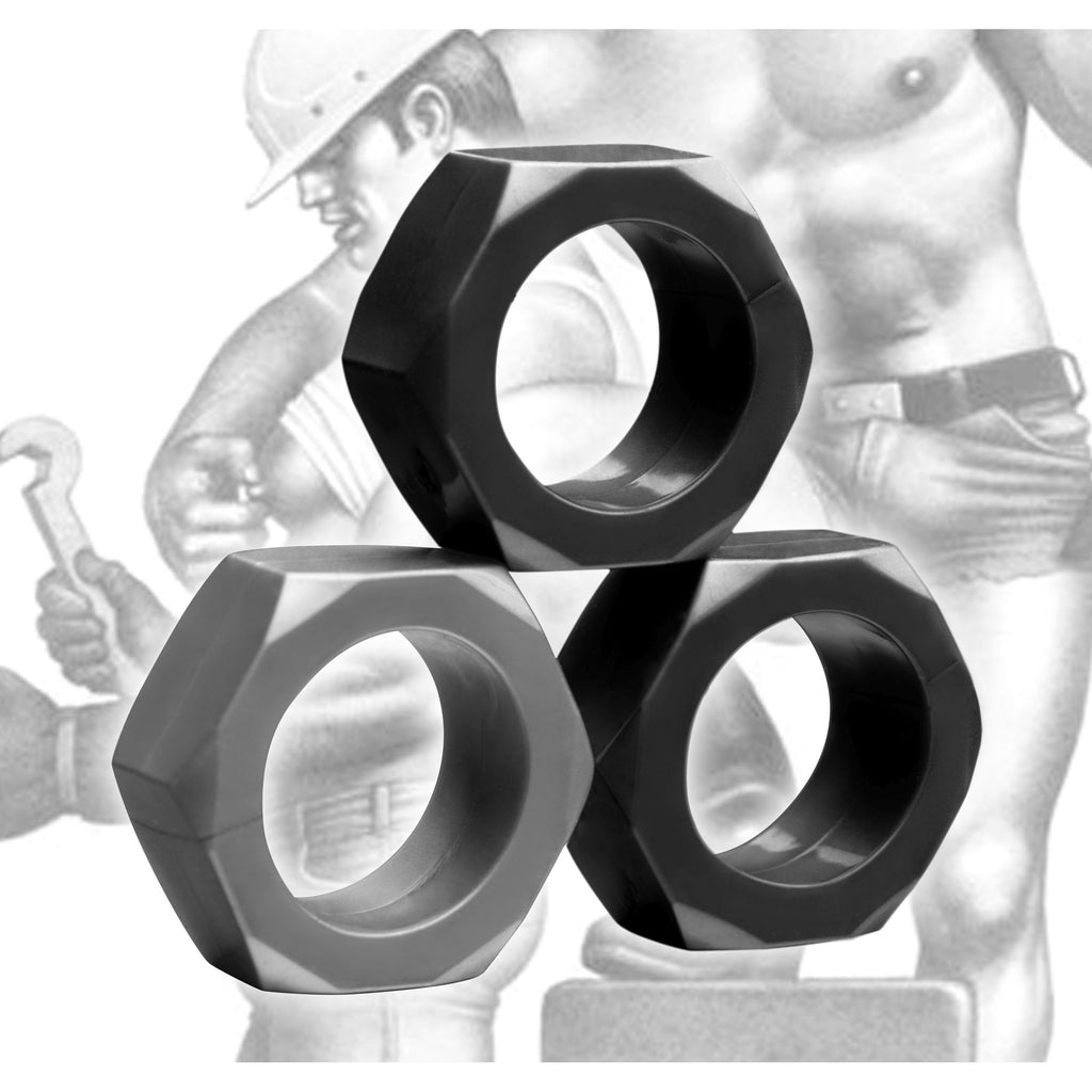 Tom of Finland 3 Piece Hex Nut Cock Ring Set (Black & Silver)