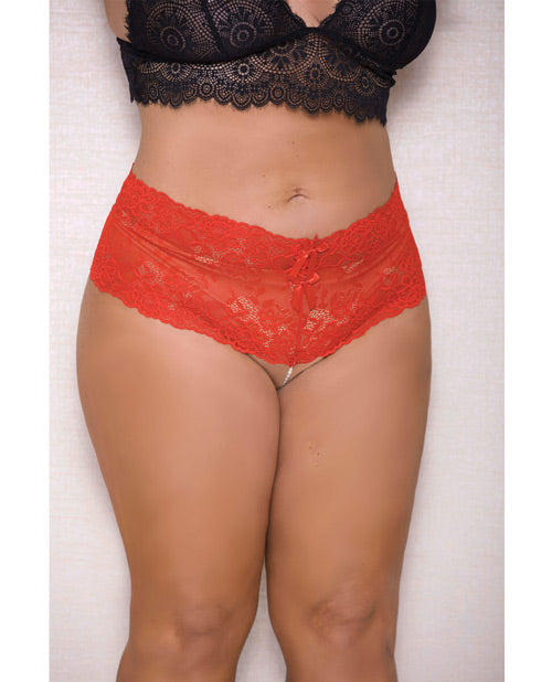 Lace & Pearl Boyshort w/Satin Bow Accents Red 1X/2X