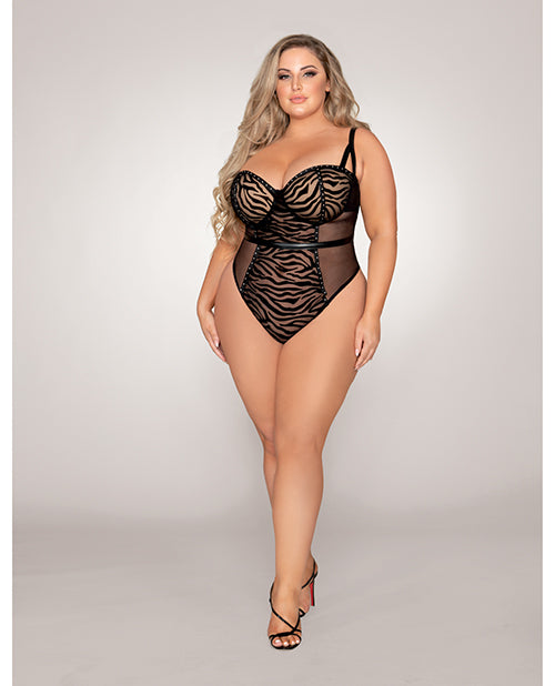 Zebra Print Mesh Snap Crotch Teddy Black 2X