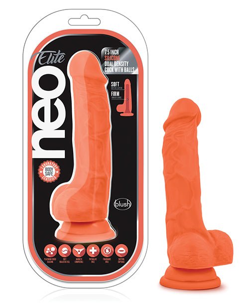Blush Neo Elite 7.5" Silicone Dual Density Cock w/Balls - Neon Orange