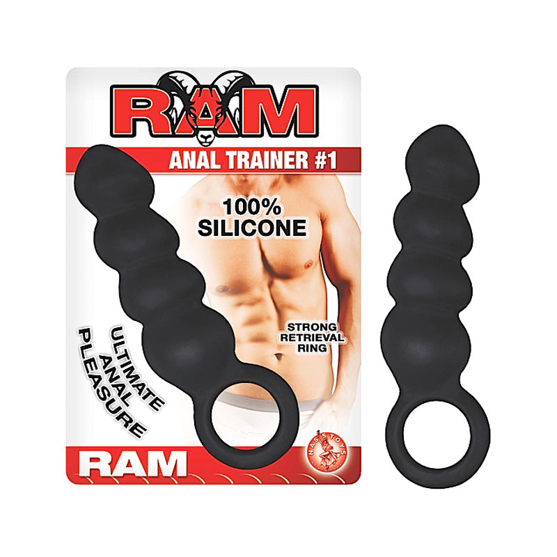 Ram Anal Trainer #1 4in. Silicone Rippled Anal Plug With Retrieval Ring (Black)