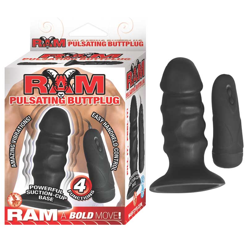 Ram Pulsating Buttplug 4in. Vibrating Multispeed Waterproof Plug With Suction Cup & Controller (Blk)