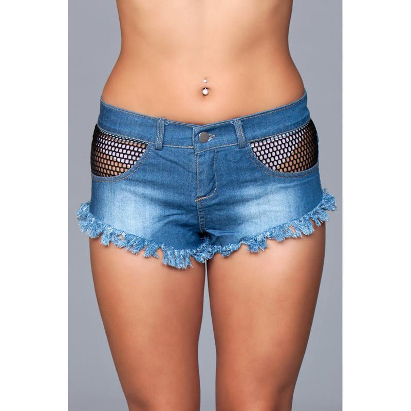 Denim Shorts Fishnet Trim Frindge Bottom Large Packaging Hanging