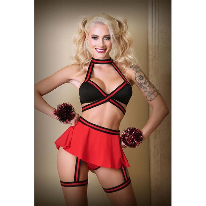 #Squad Goals Cheerleader Costume S/M Bralette, Skirt Panty, With Detachable Leg Garter and Pom Pom Wristlets S/M Black and Red