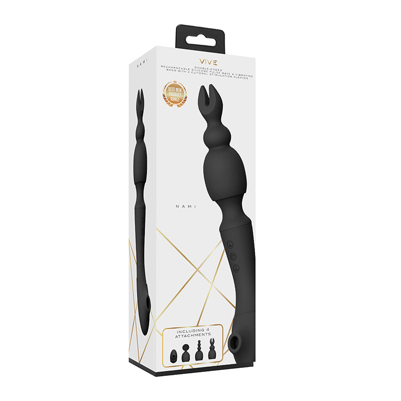 VIVE-NAMI Rechargeable Pulse-Wave Double-Ended Silicone Wand W/Interchangeable Sleeves - Black