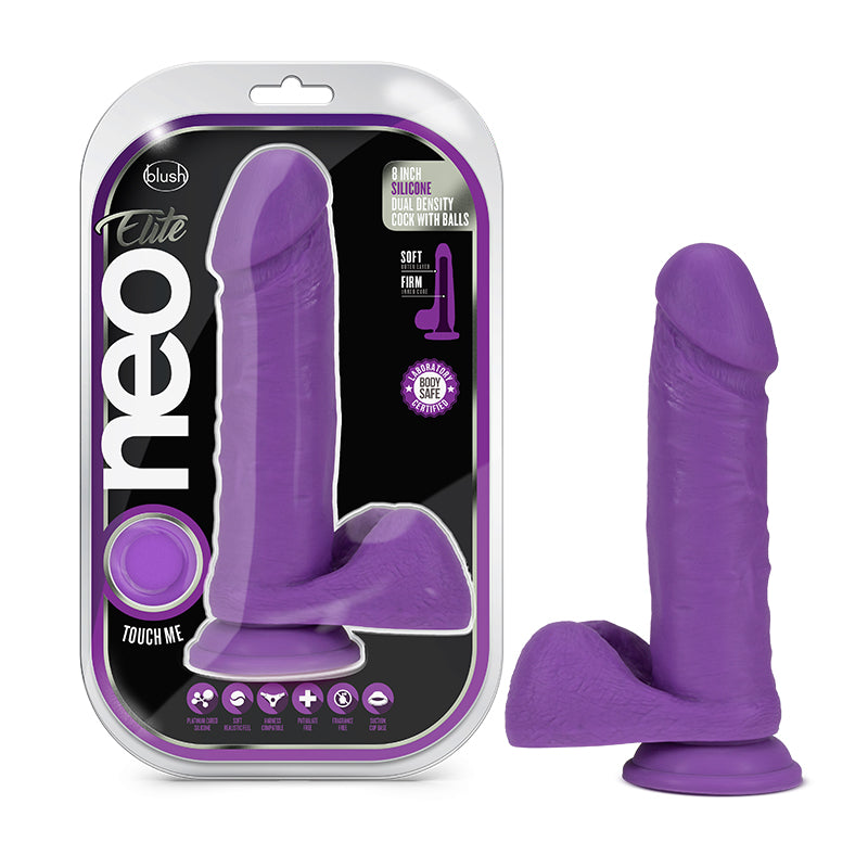 Neo Elite - 8 Inch  Silicone Dual Density  Cock with Balls -  Neon Purple