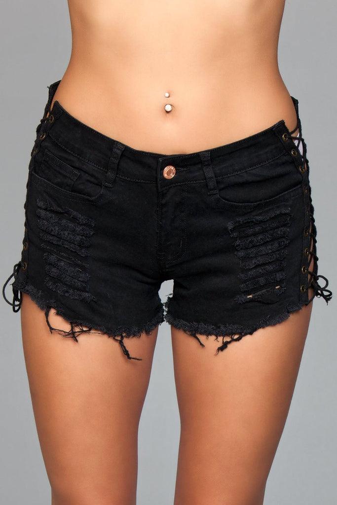 Denim Shorts With Lace Up Side Details and Distressed Details on Front and Back - Medium BW-J5BKM