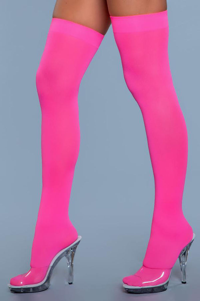 Opaque Nylon Thigh Highs - Neon Pink - One Size BW-1932NPINK